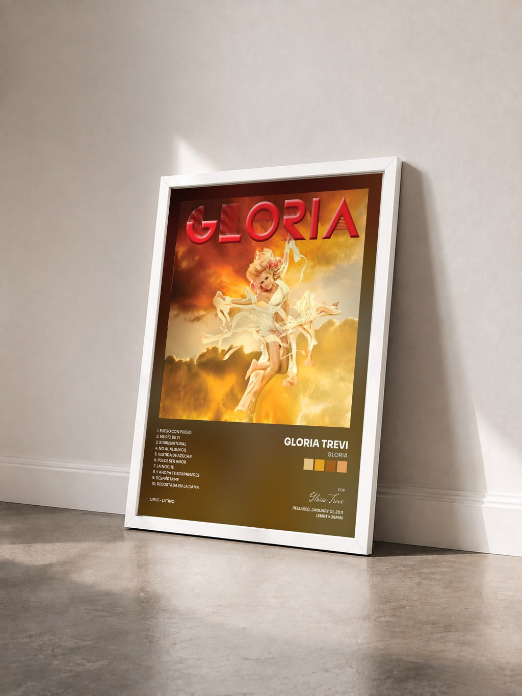 #blanc Tableau de l'album Gloria de Gloria Trevi vu de trois quarts, cadre blanc