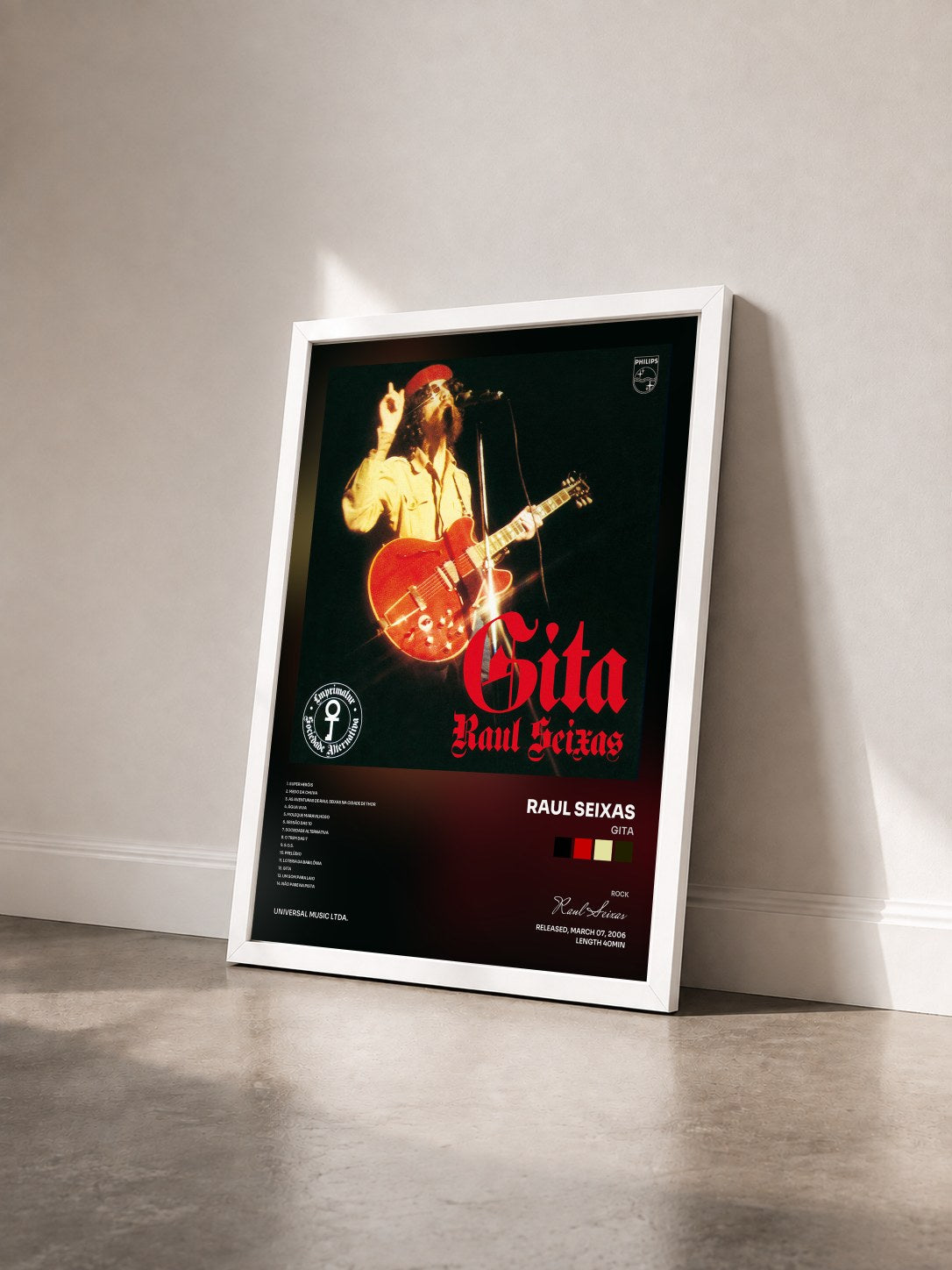 #blanc Tableau de l'album Gita de Raul Seixas vu de trois quarts, cadre blanc