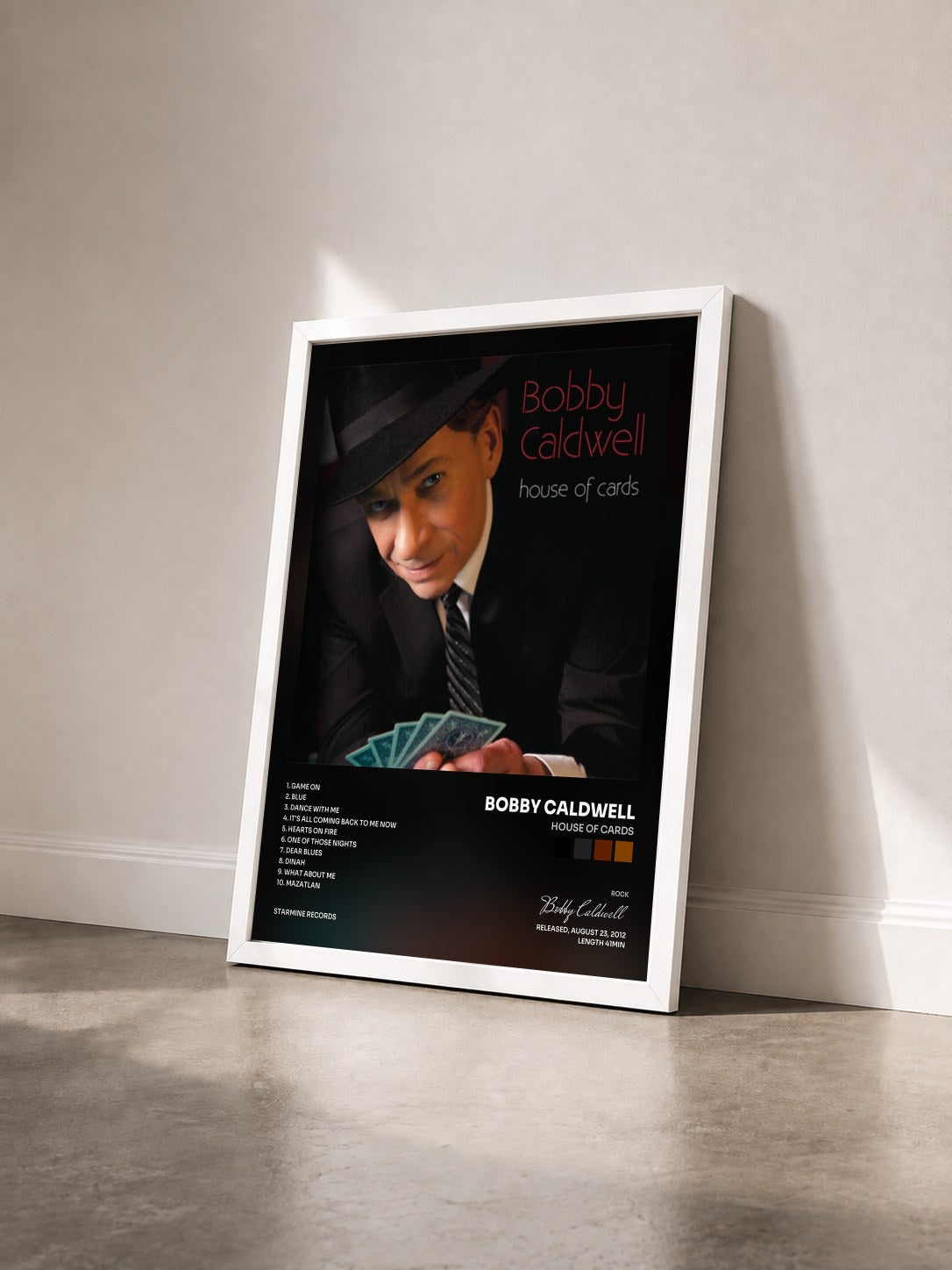 #blanc Tableau de l'album House of Cards de Bobby Caldwell vu de trois quarts, cadre blanc