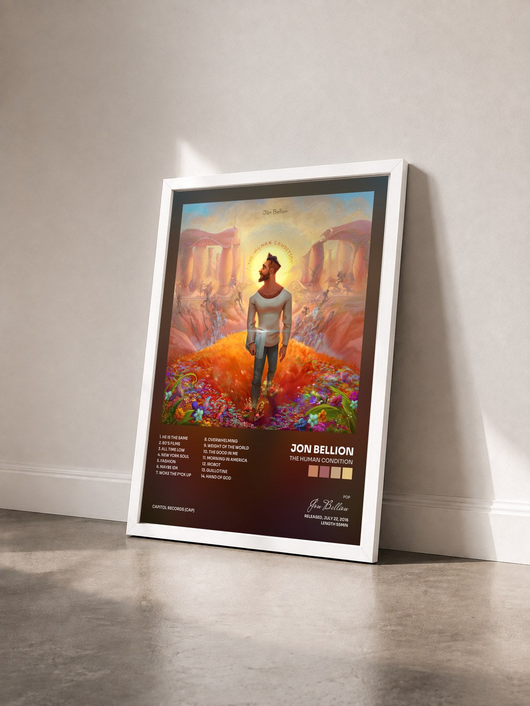 #blanc Tableau de l'album The Human Condition de Jon Bellion vu de trois quarts, cadre blanc