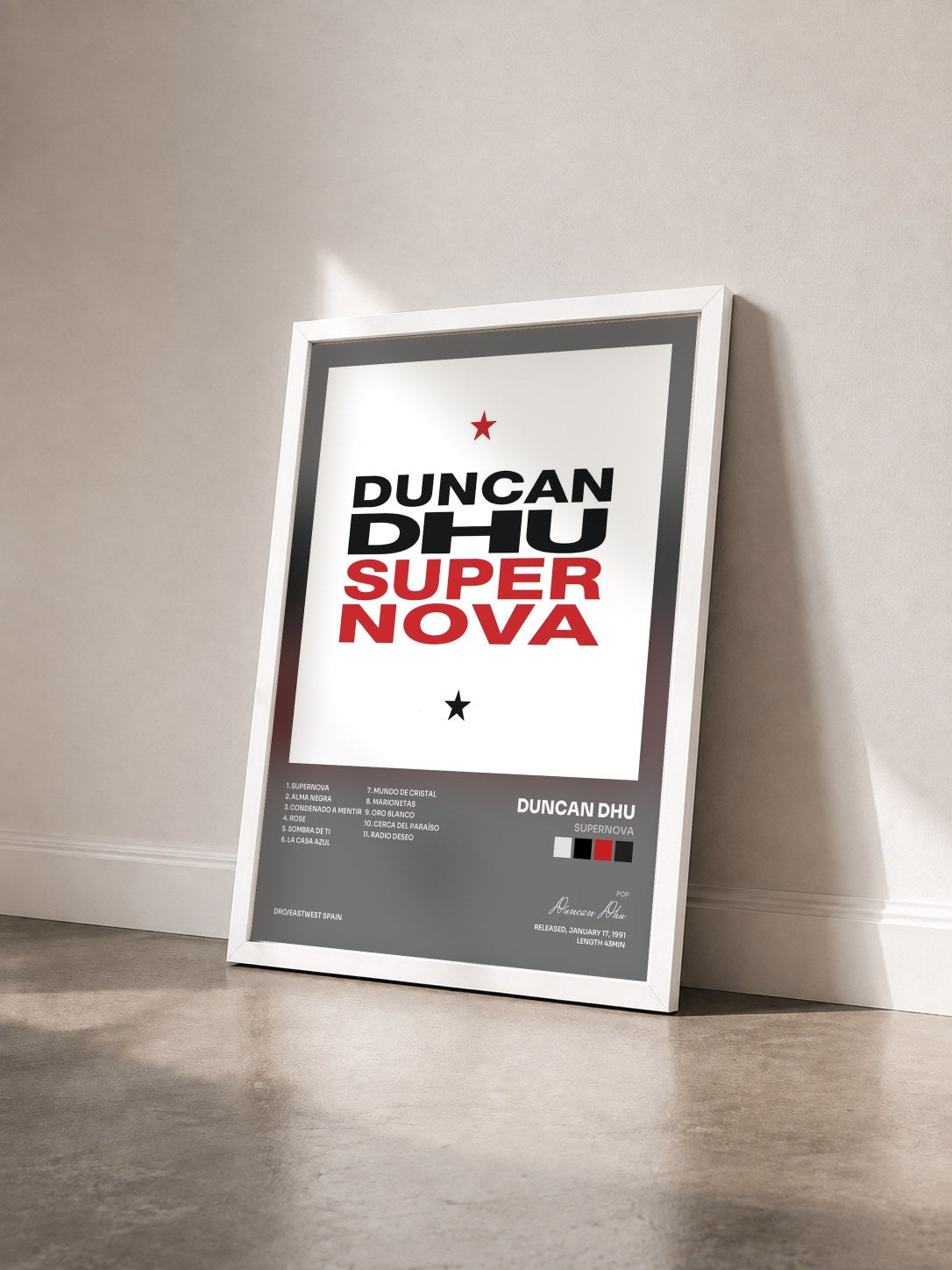 #blanc Tableau de l'album Supernova de Duncan Dhu vu de trois quarts, cadre blanc