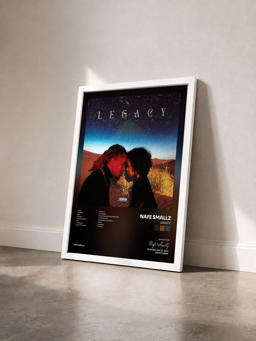 #blanc Tableau de l'album Legacy de Nafe Smallz vu de trois quarts, cadre blanc