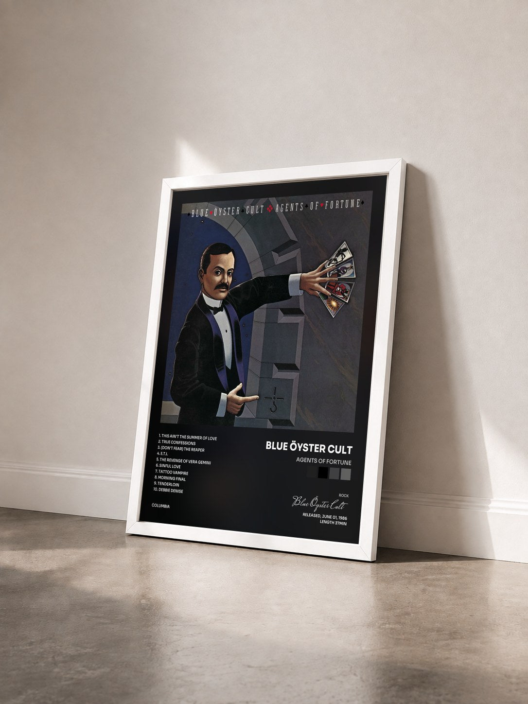 #blanc Tableau de l'album Agents Of Fortune de Blue Öyster Cult vu de trois quarts, cadre blanc