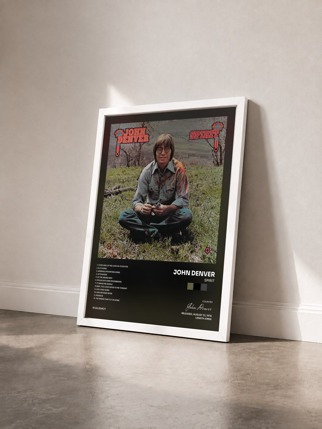 #blanc Tableau de l'album Spirit de John Denver vu de trois quarts, cadre blanc