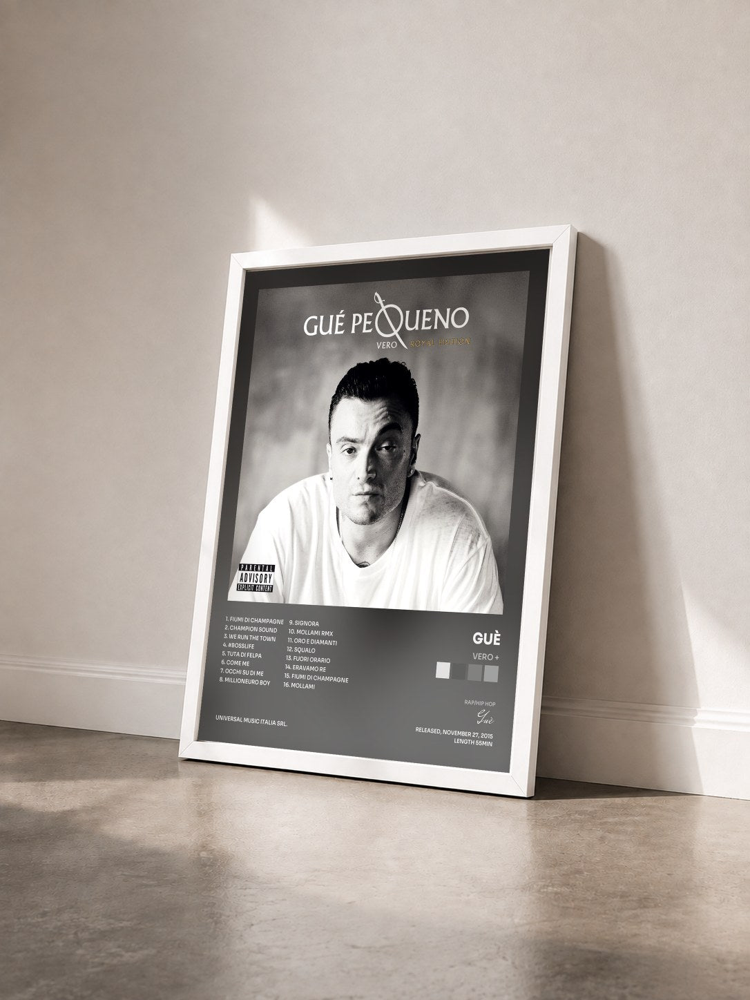 #blanc Tableau de l'album Vero + de Guè vu de trois quarts, cadre blanc