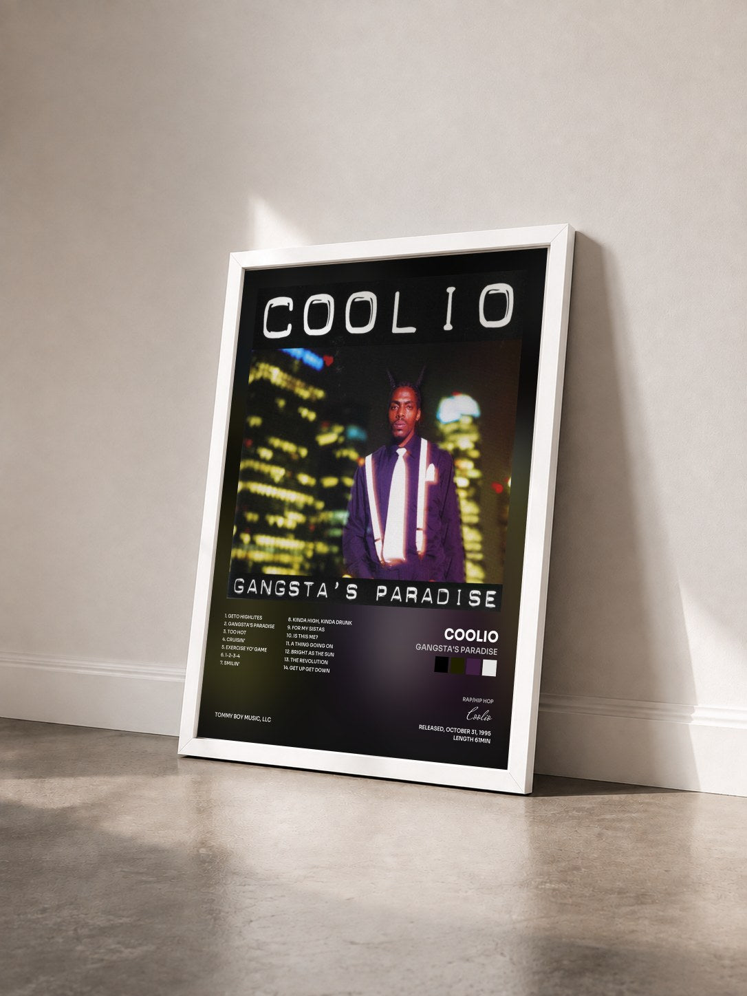 #blanc Tableau de l'album Gangsta's Paradise de Coolio vu de trois quarts, cadre blanc