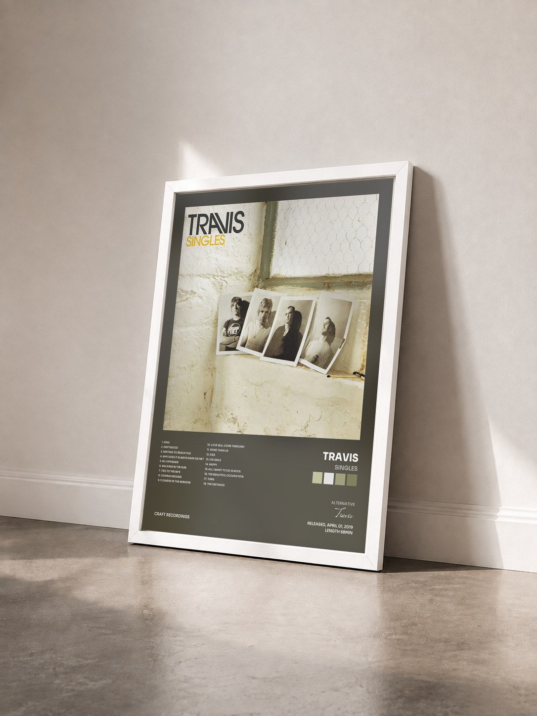 #blanc Tableau de l'album Singles de Travis vu de trois quarts, cadre blanc