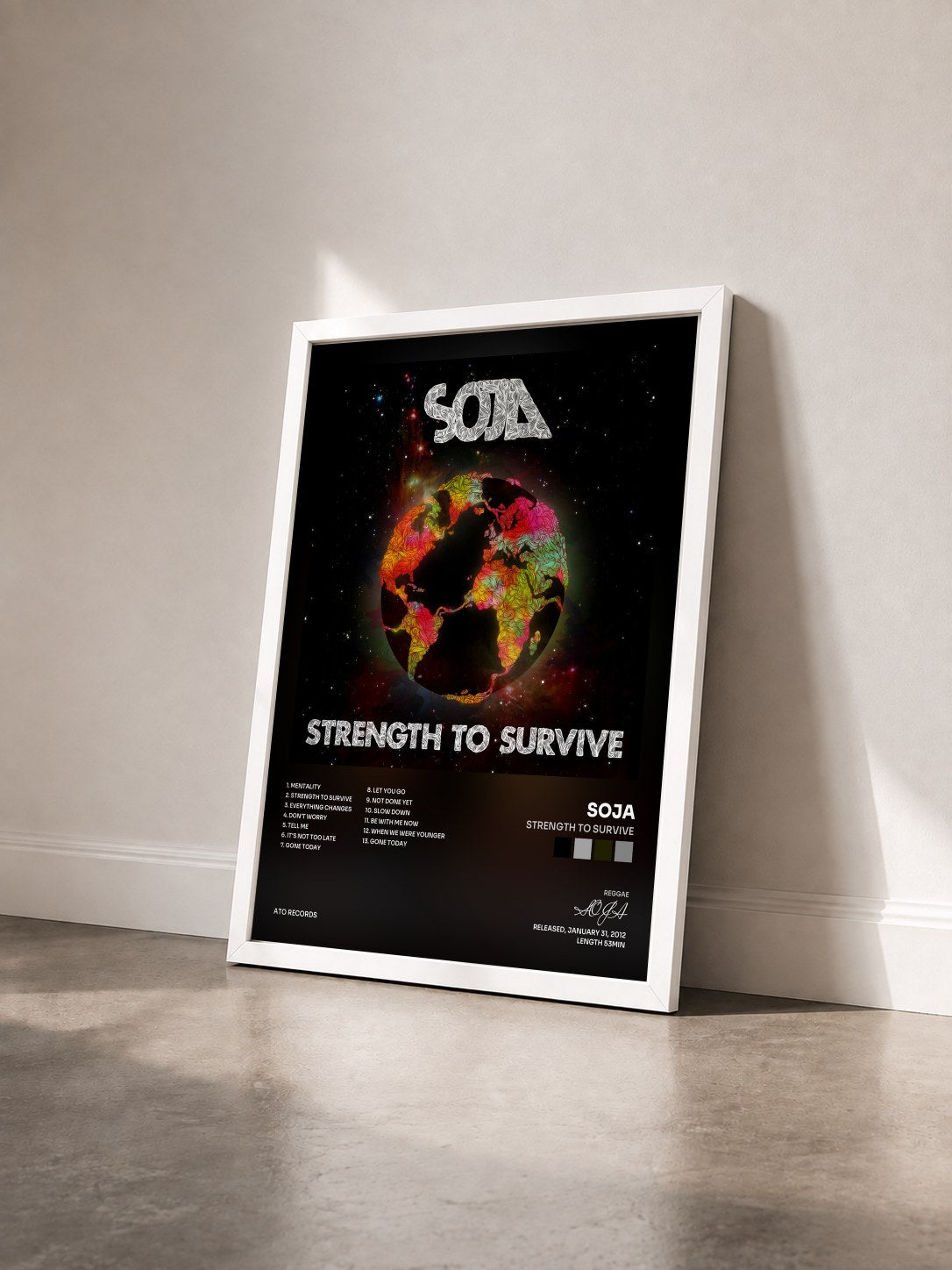 #blanc Tableau de l'album Strength To Survive de SOJA vu de trois quarts, cadre blanc