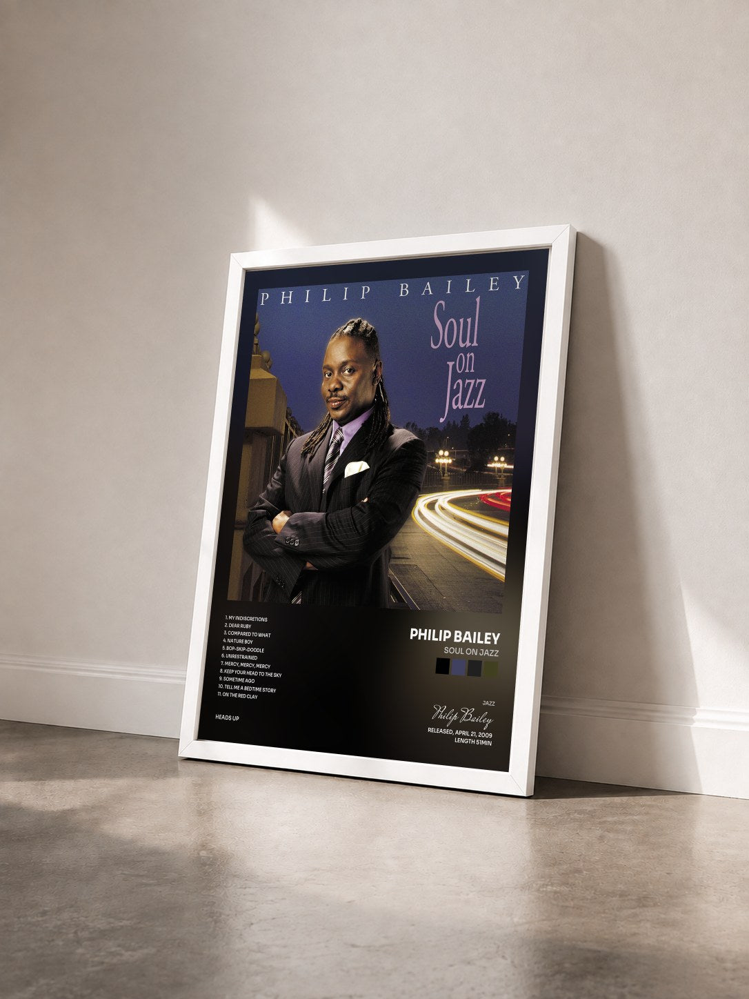 #blanc Tableau de l'album Soul On Jazz de Philip Bailey vu de trois quarts, cadre blanc