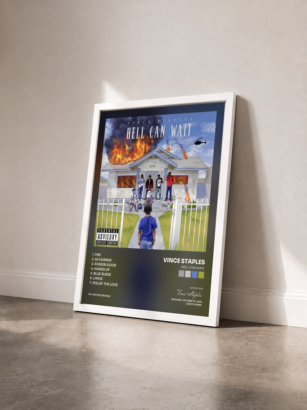 #blanc Tableau de l'album Hell Can Wait de Vince Staples vu de trois quarts, cadre blanc