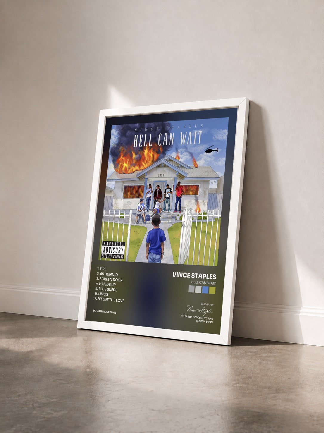 #blanc Tableau de l'album Hell Can Wait de Vince Staples vu de trois quarts, cadre blanc