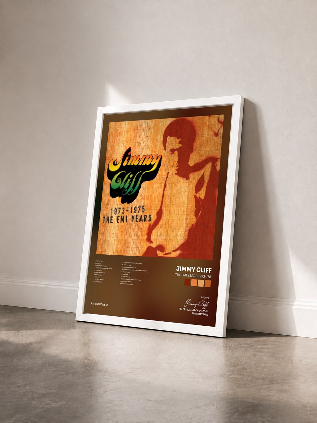 #blanc Tableau de l'album The EMI Years 1973-'75 de Jimmy Cliff vu de trois quarts, cadre blanc
