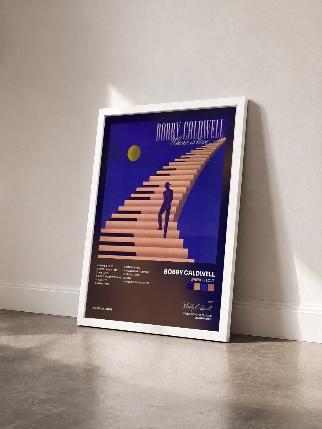 #blanc Tableau de l'album Where is Love de Bobby Caldwell vu de trois quarts, cadre blanc