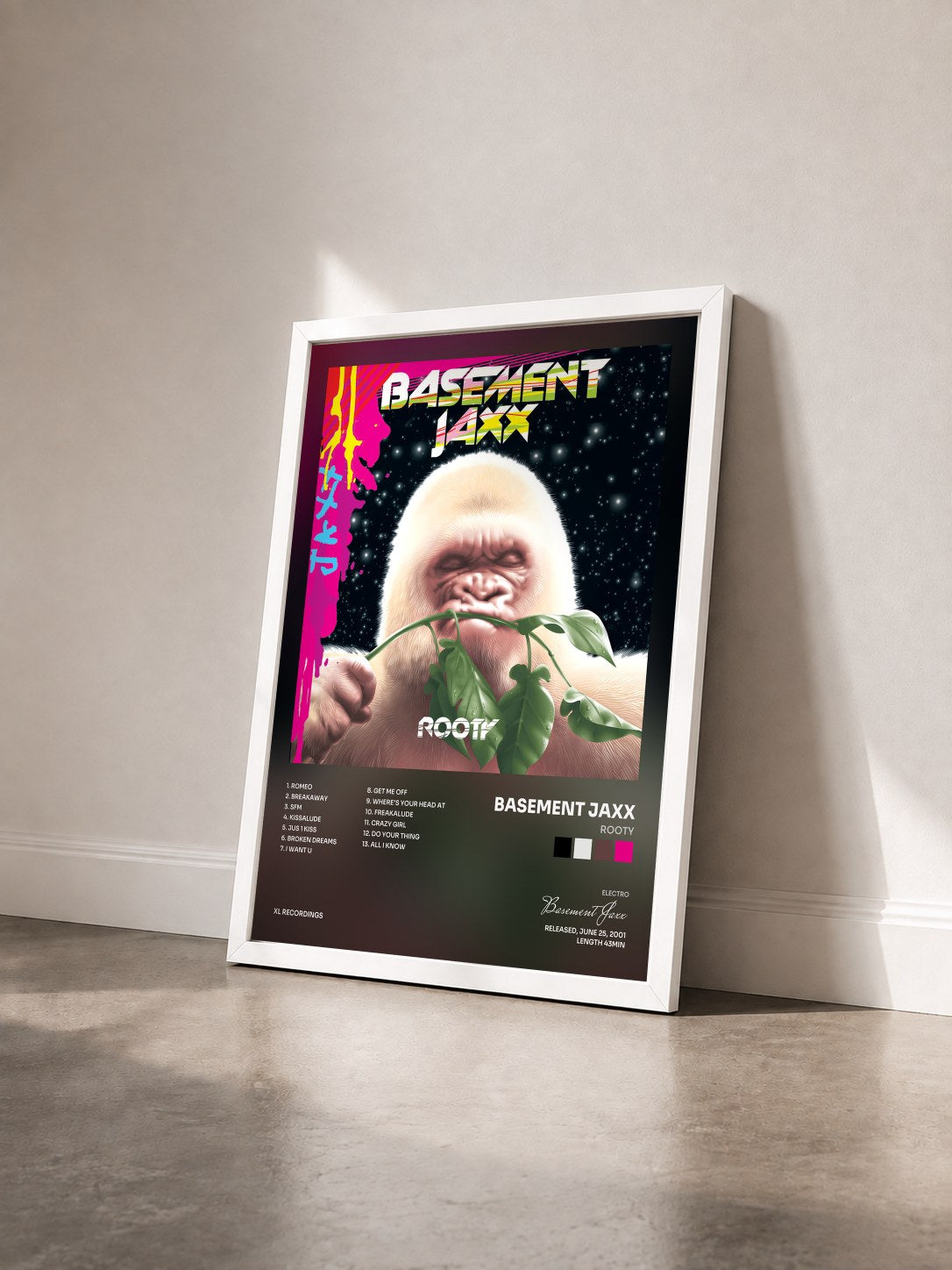 #blanc Tableau de l'album Rooty de Basement Jaxx vu de trois quarts, cadre blanc