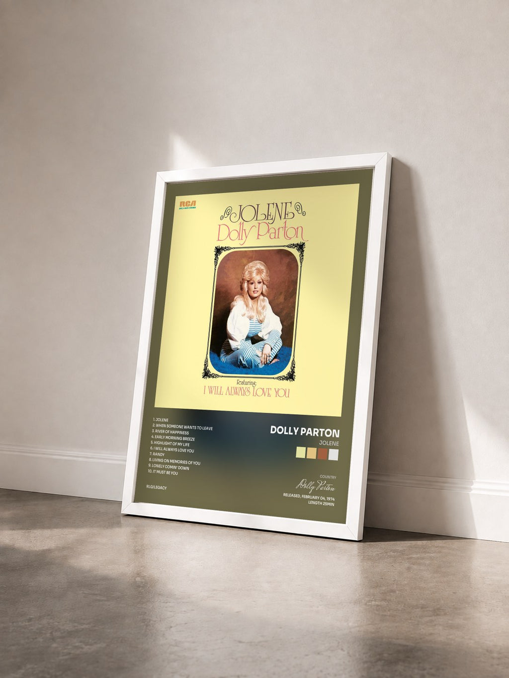 #blanc Tableau de l'album Jolene de Dolly Parton vu de trois quarts, cadre blanc