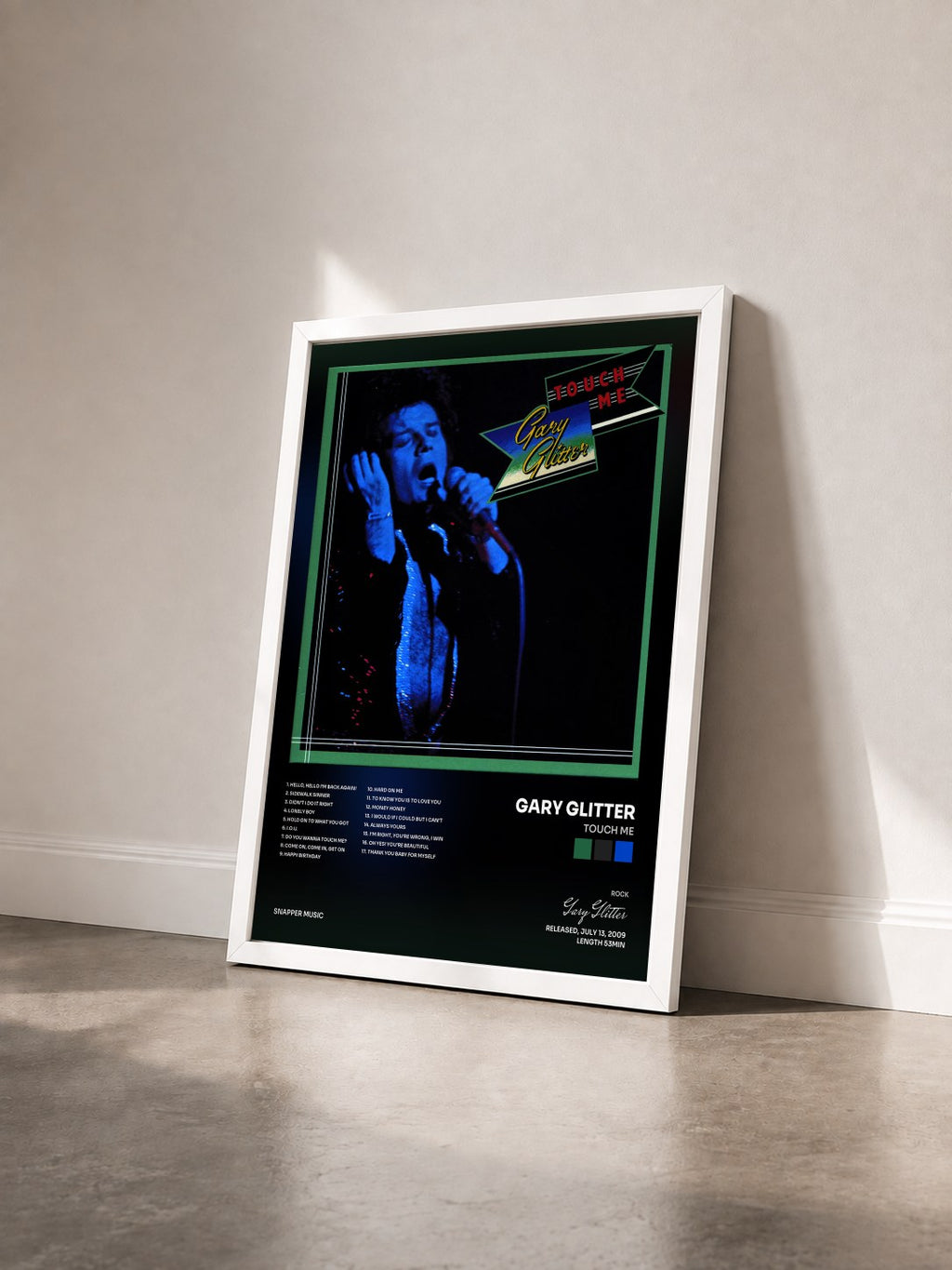 #blanc Touch Me by Gary Glitter as a framed art print seen at an angle, white frame