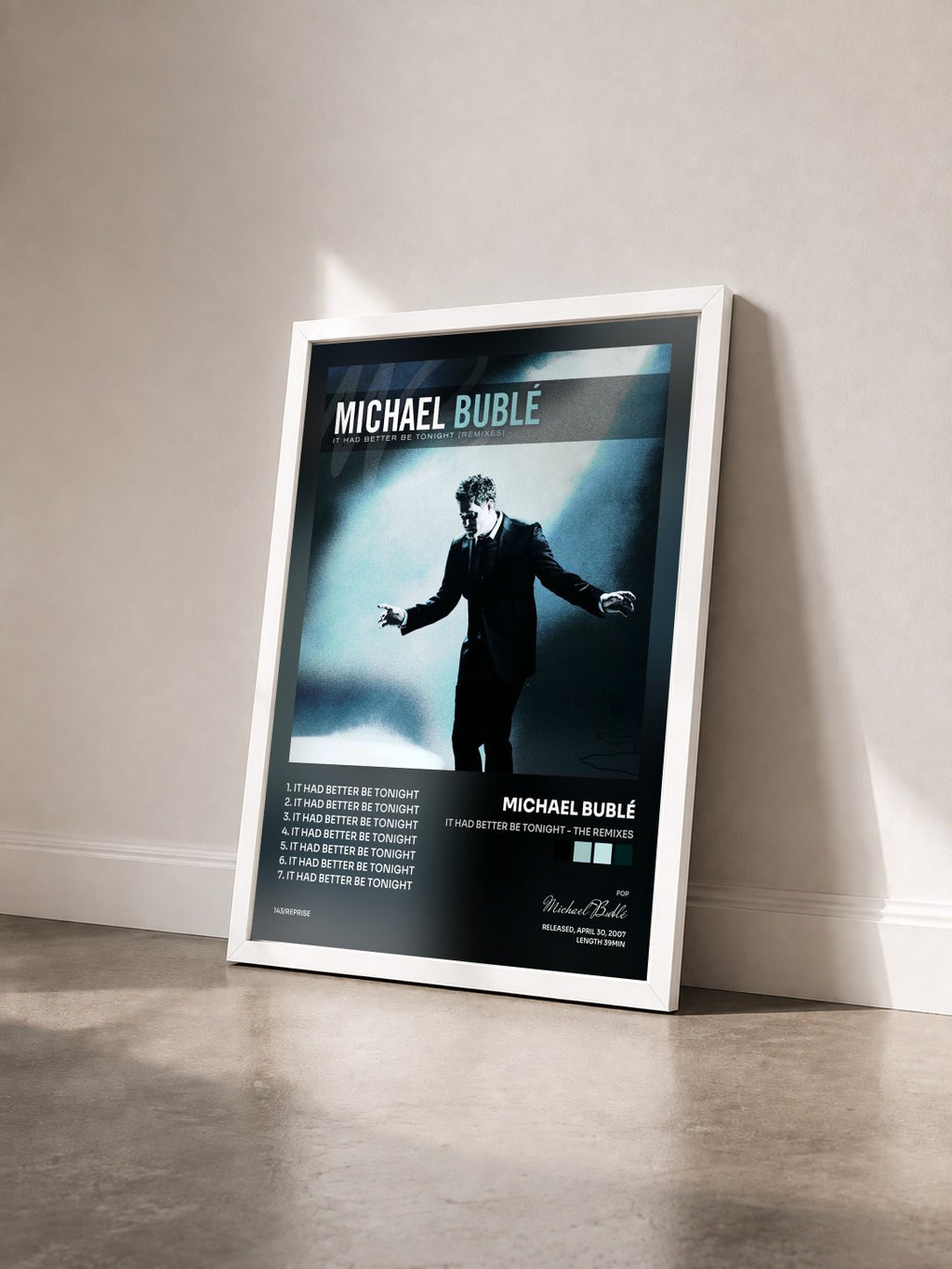 #blanc Tableau de l'album It Had Better Be Tonight - The Remixes de Michael Bublé vu de trois quarts, cadre blanc