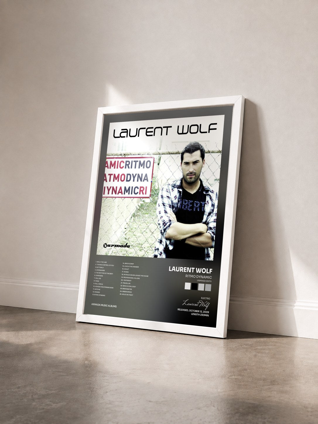 #blanc Tableau de l'album Ritmo Dynamic (Unmixed Edits) de Laurent Wolf vu de trois quarts, cadre blanc