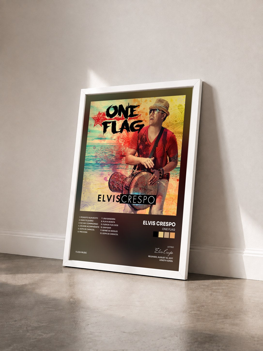 #blanc Tableau de l'album One Flag de Elvis Crespo vu de trois quarts, cadre blanc