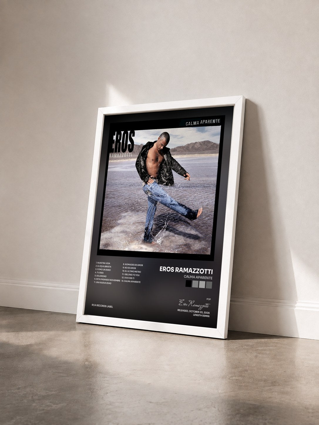 #blanc Tableau de l'album Calma Aparente de Eros Ramazzotti vu de trois quarts, cadre blanc