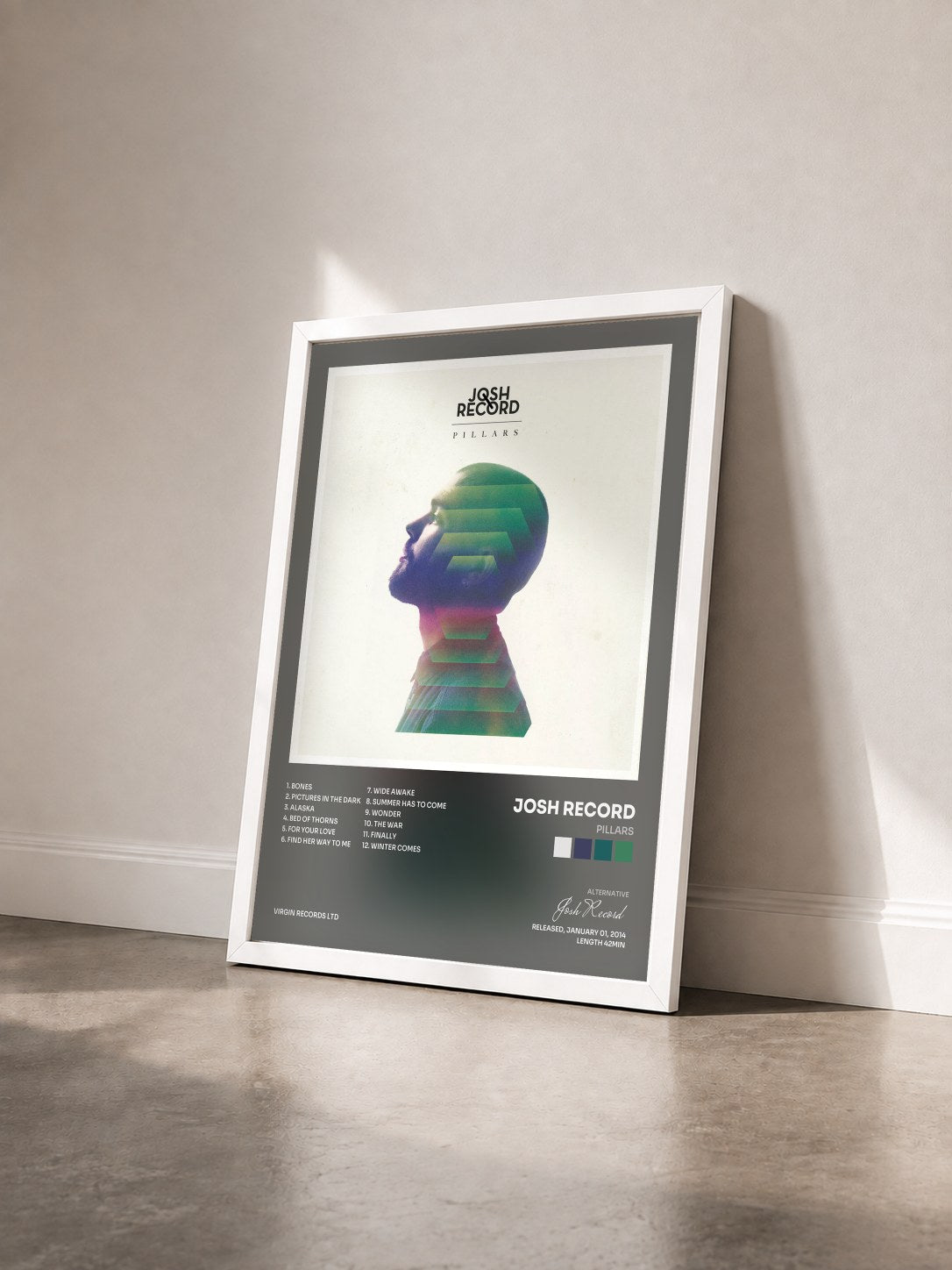 #blanc Tableau de l'album Pillars de Josh Record vu de trois quarts, cadre blanc