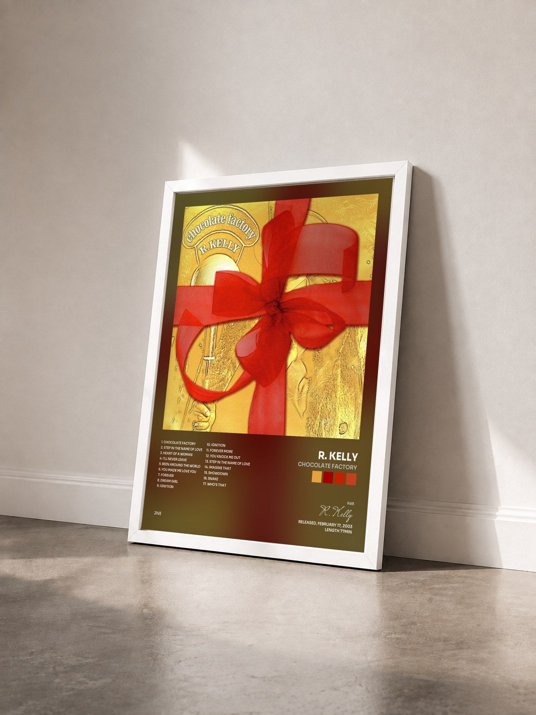 #blanc Tableau de l'album Chocolate Factory de R. Kelly vu de trois quarts, cadre blanc