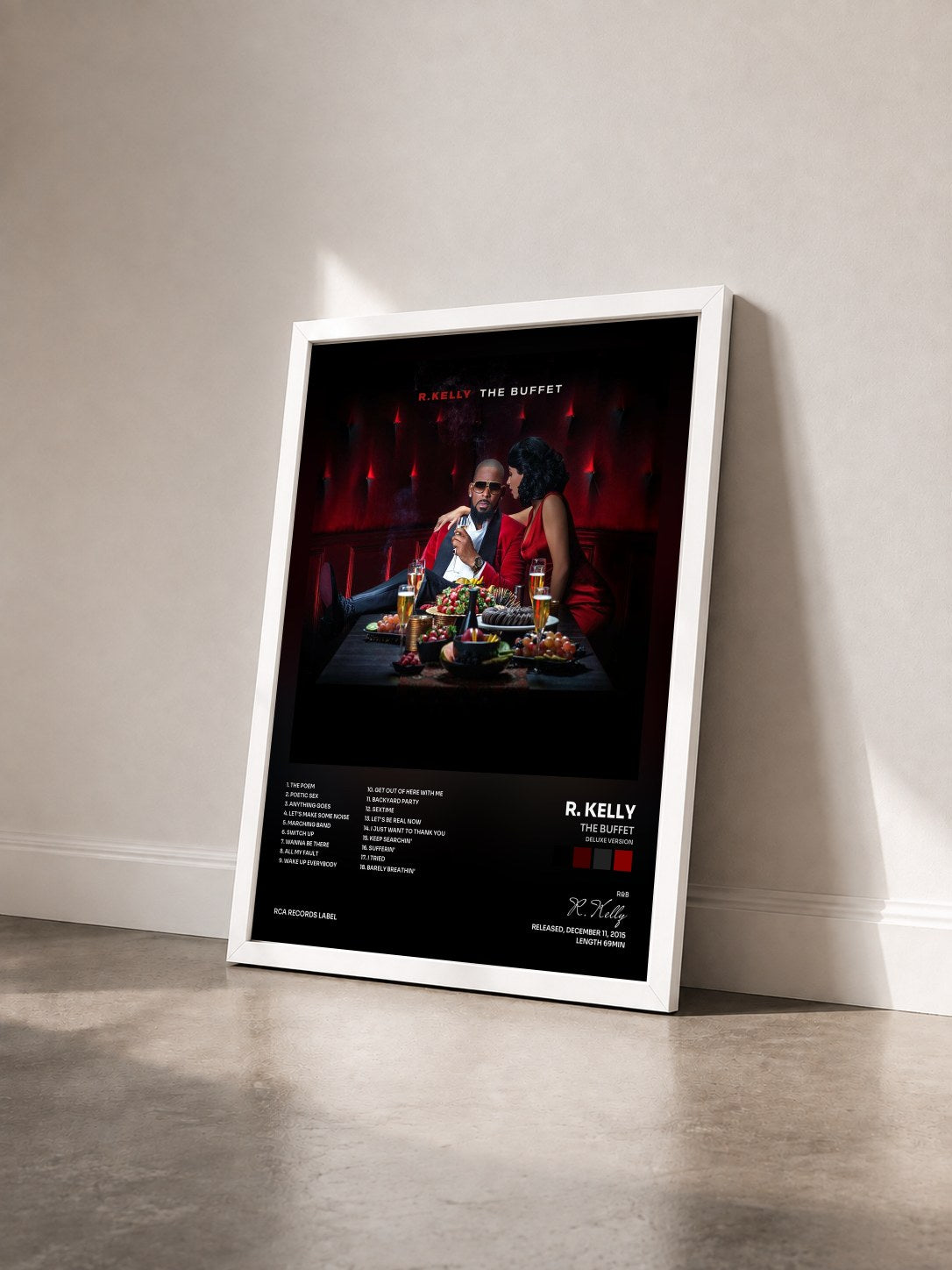 #blanc Tableau de l'album The Buffet (Deluxe Version) de R. Kelly vu de trois quarts, cadre blanc