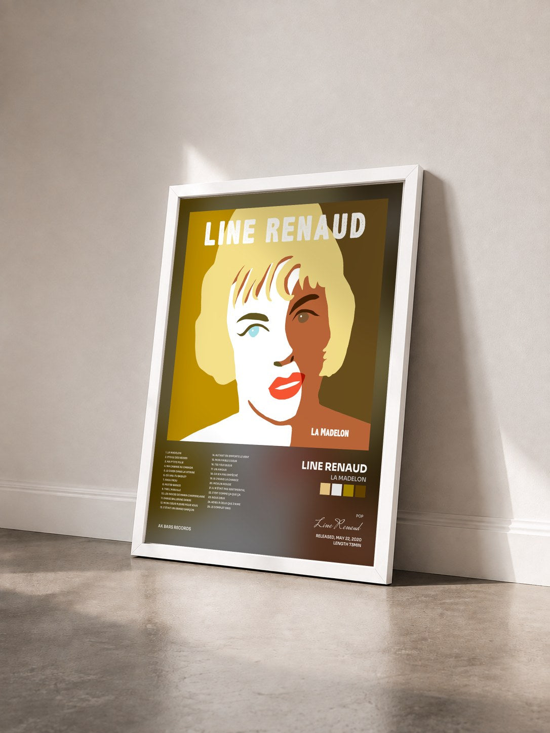 #blanc Tableau de l'album La Madelon de Line Renaud vu de trois quarts, cadre blanc