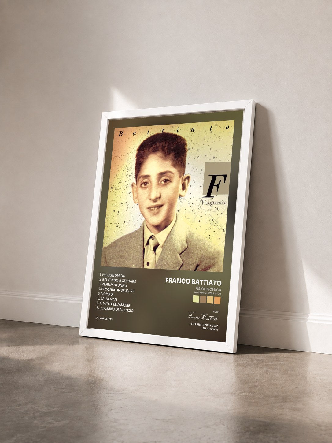 #blanc Tableau de l'album Fisiognomica (2008 Remastered Edition) de Franco Battiato vu de trois quarts, cadre blanc