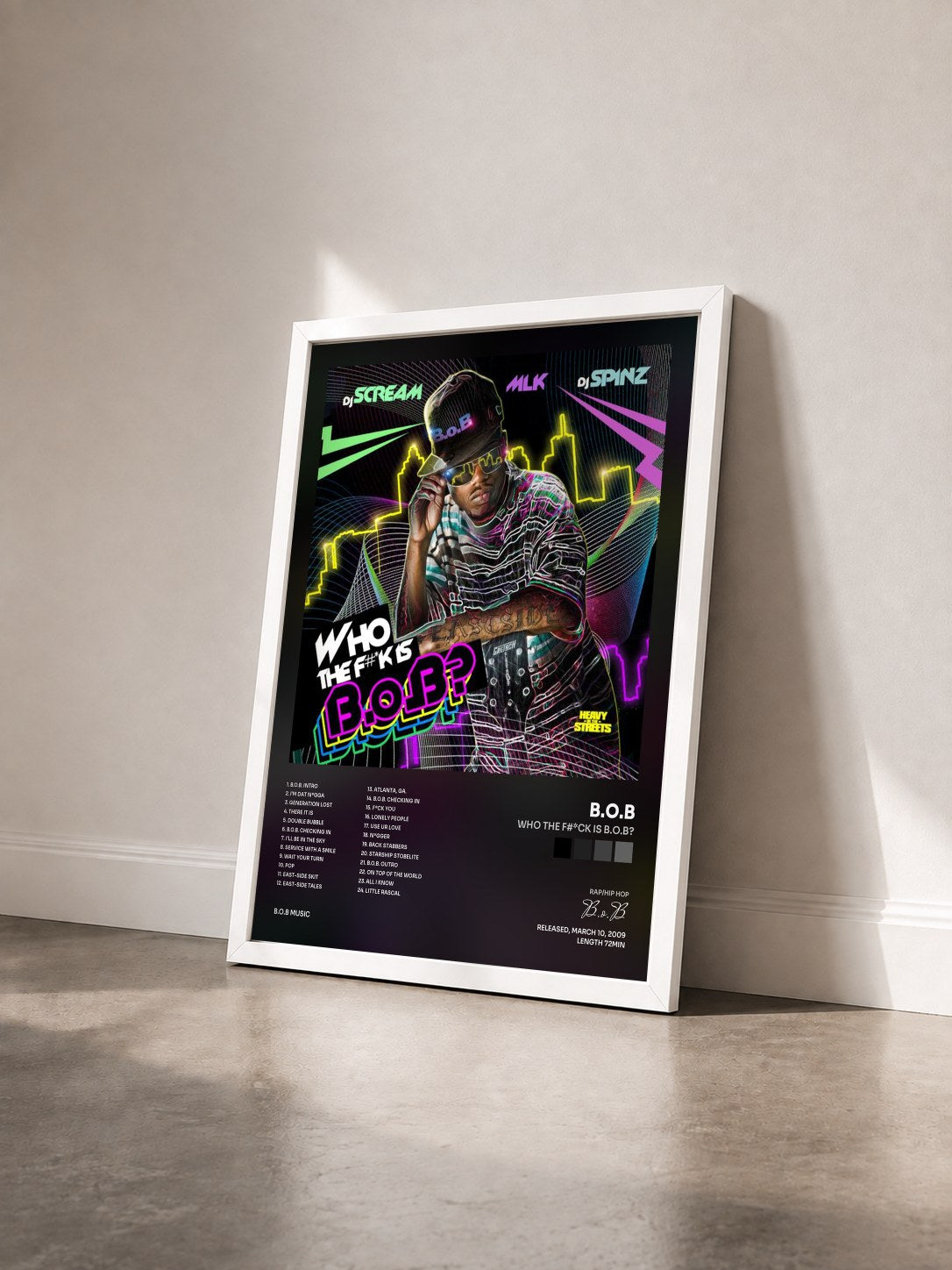 #blanc Tableau de l'album Who The F#*ck Is B.o.B? de B.o.B vu de trois quarts, cadre blanc