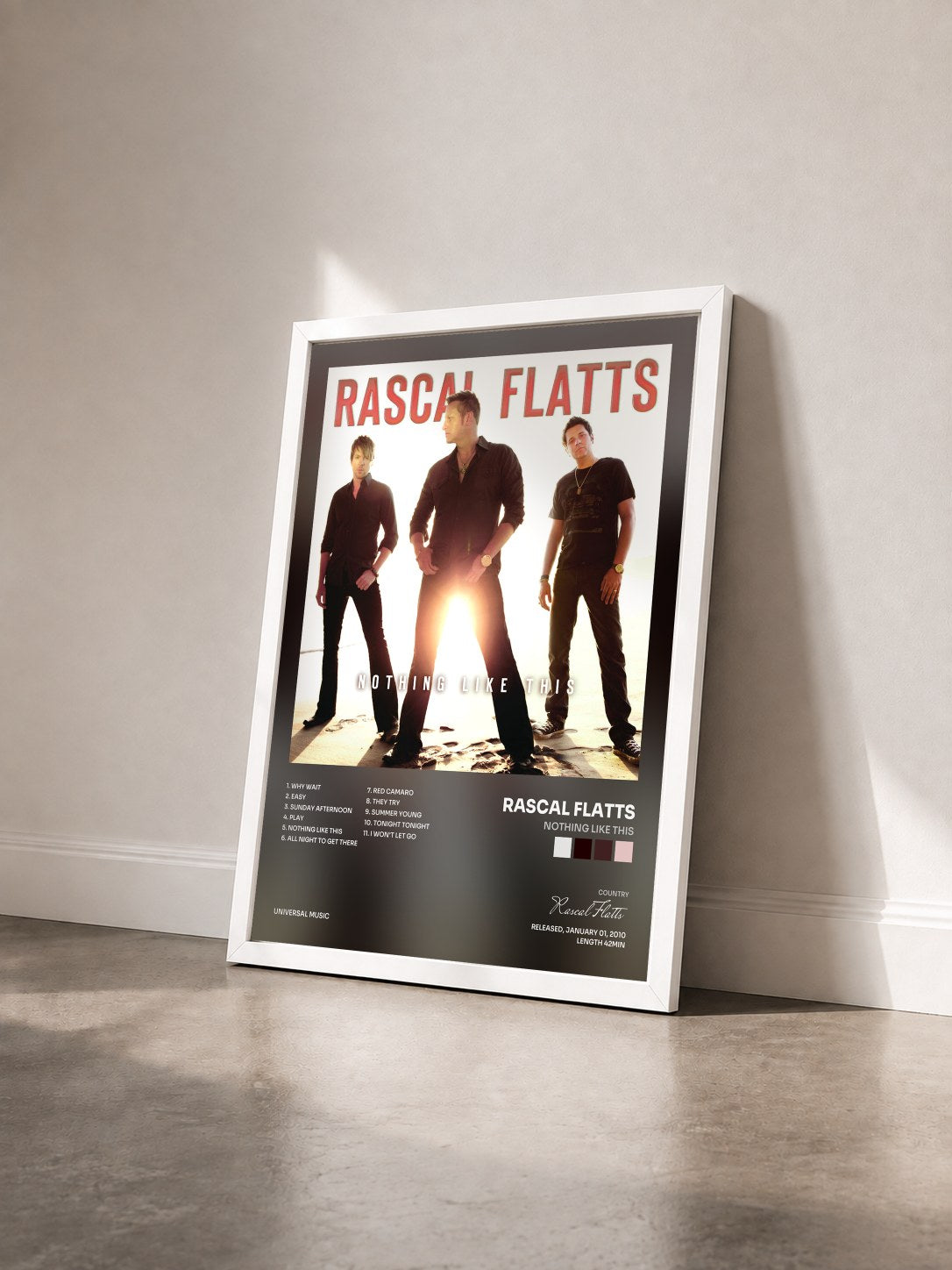 #blanc Tableau de l'album Nothing Like This de Rascal Flatts vu de trois quarts, cadre blanc