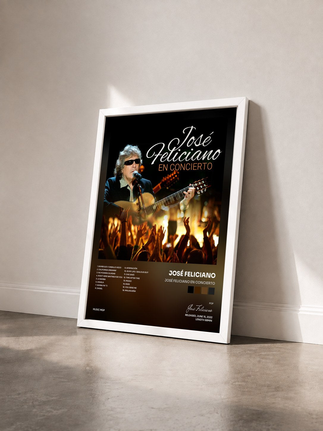 #blanc Tableau de l'album José Feliciano En Concierto de José Feliciano vu de trois quarts, cadre blanc