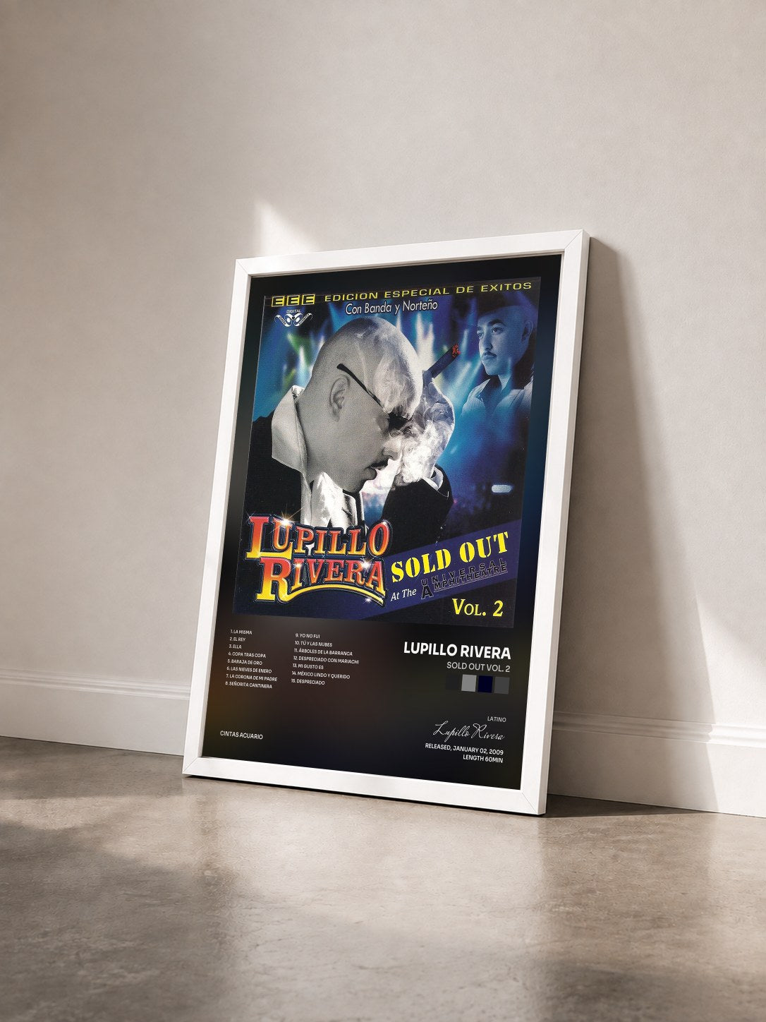 #blanc Tableau de l'album Sold Out Vol. 2 de Lupillo Rivera vu de trois quarts, cadre blanc