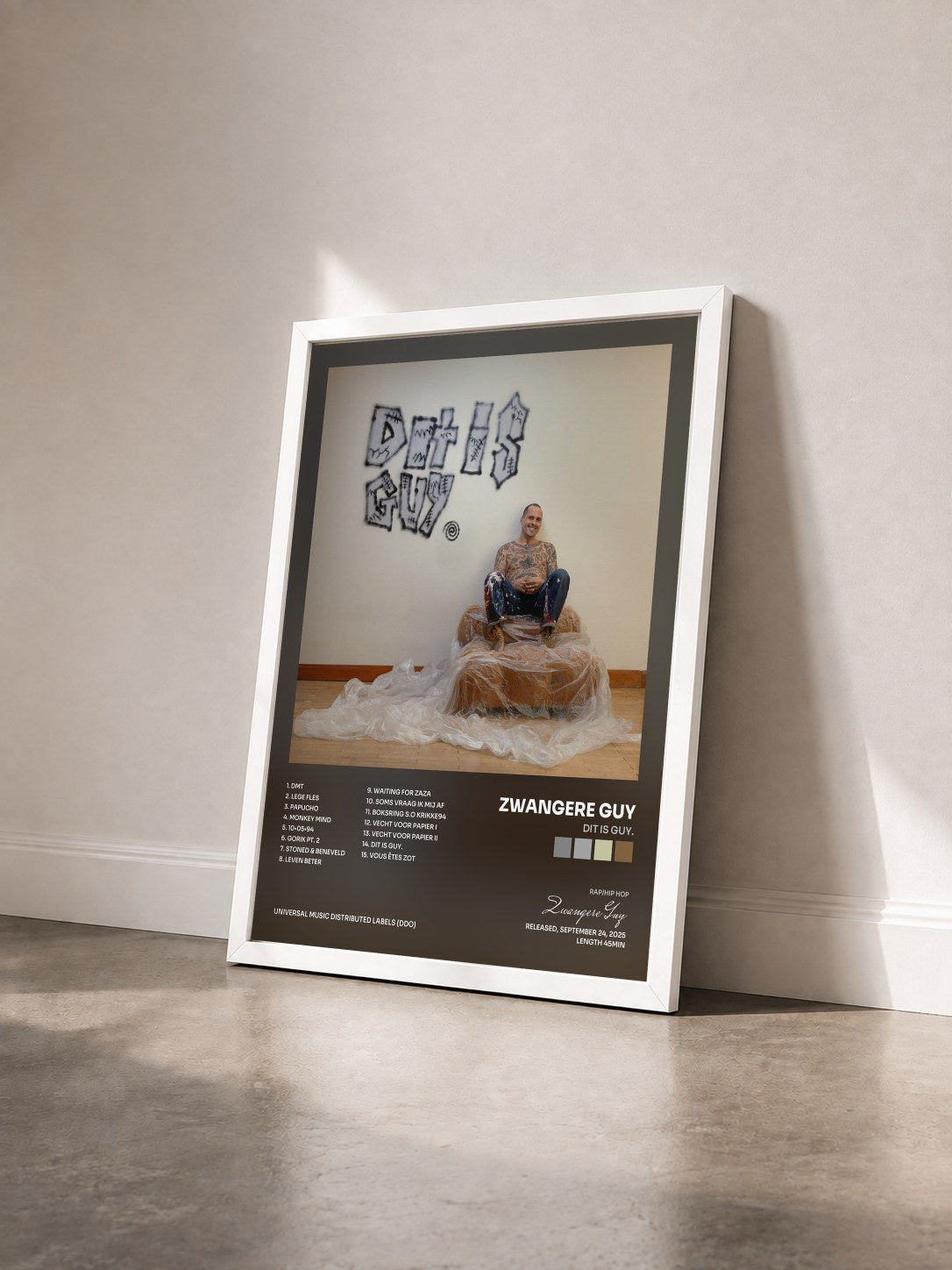 #blanc Tableau de l'album Dit is Guy. de Zwangere Guy vu de trois quarts, cadre blanc