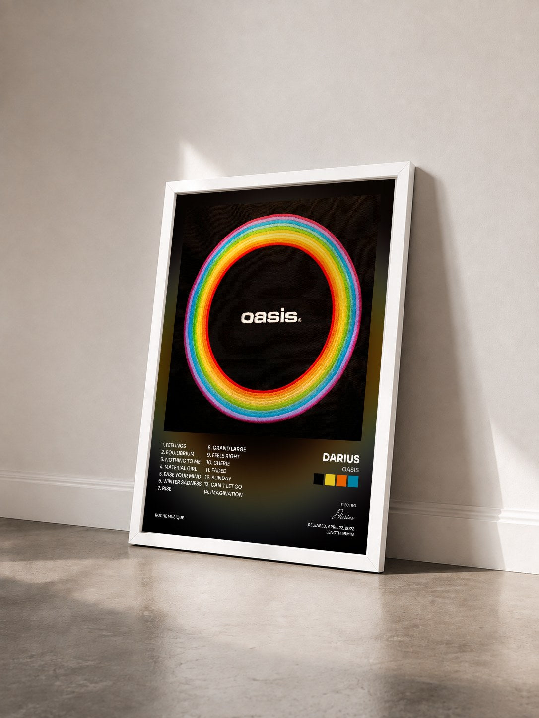 #blanc Tableau de l'album OASIS de Darius vu de trois quarts, cadre blanc