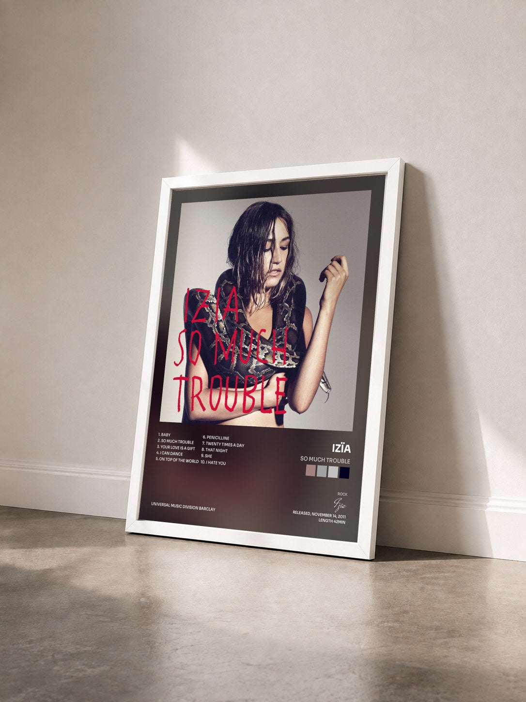 #blanc Tableau de l'album So Much Trouble de Izïa vu de trois quarts, cadre blanc