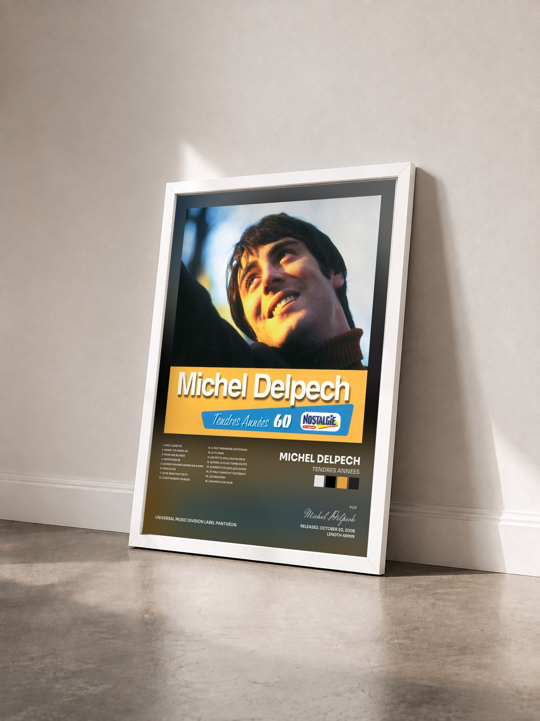 #blanc Tableau de l'album Tendres Annees de Michel Delpech vu de trois quarts, cadre blanc