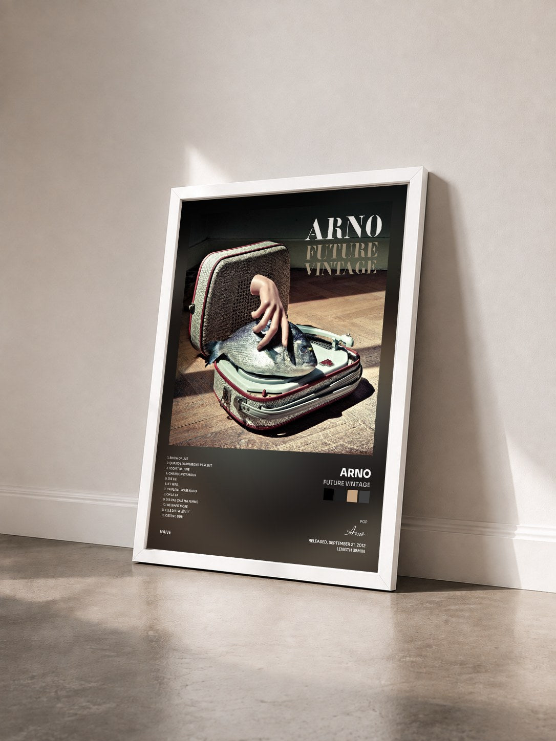 #blanc Tableau de l'album Future Vintage de Arno vu de trois quarts, cadre blanc