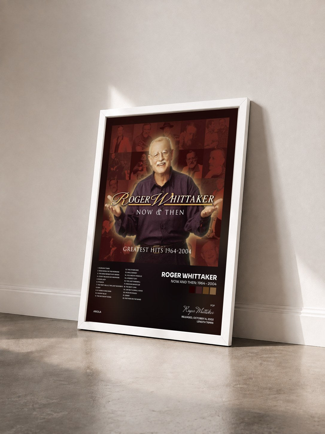 #blanc Tableau de l'album Now and Then: 1964 - 2004 de Roger Whittaker vu de trois quarts, cadre blanc
