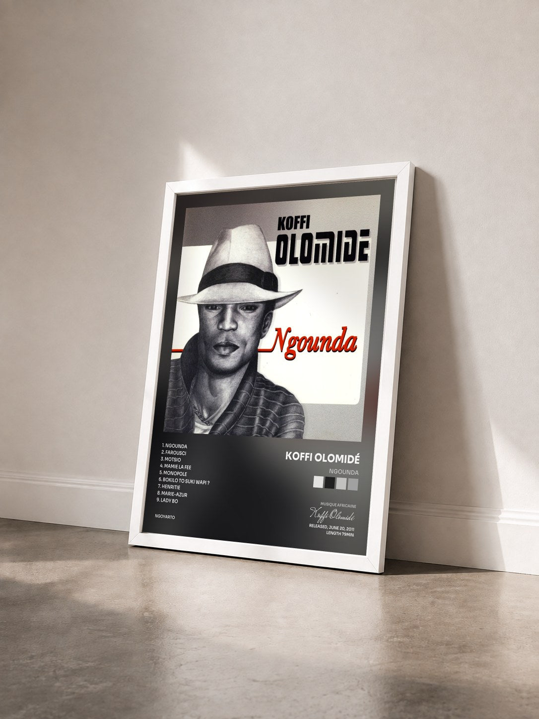 #blanc Tableau de l'album Ngounda de Koffi Olomidé vu de trois quarts, cadre blanc