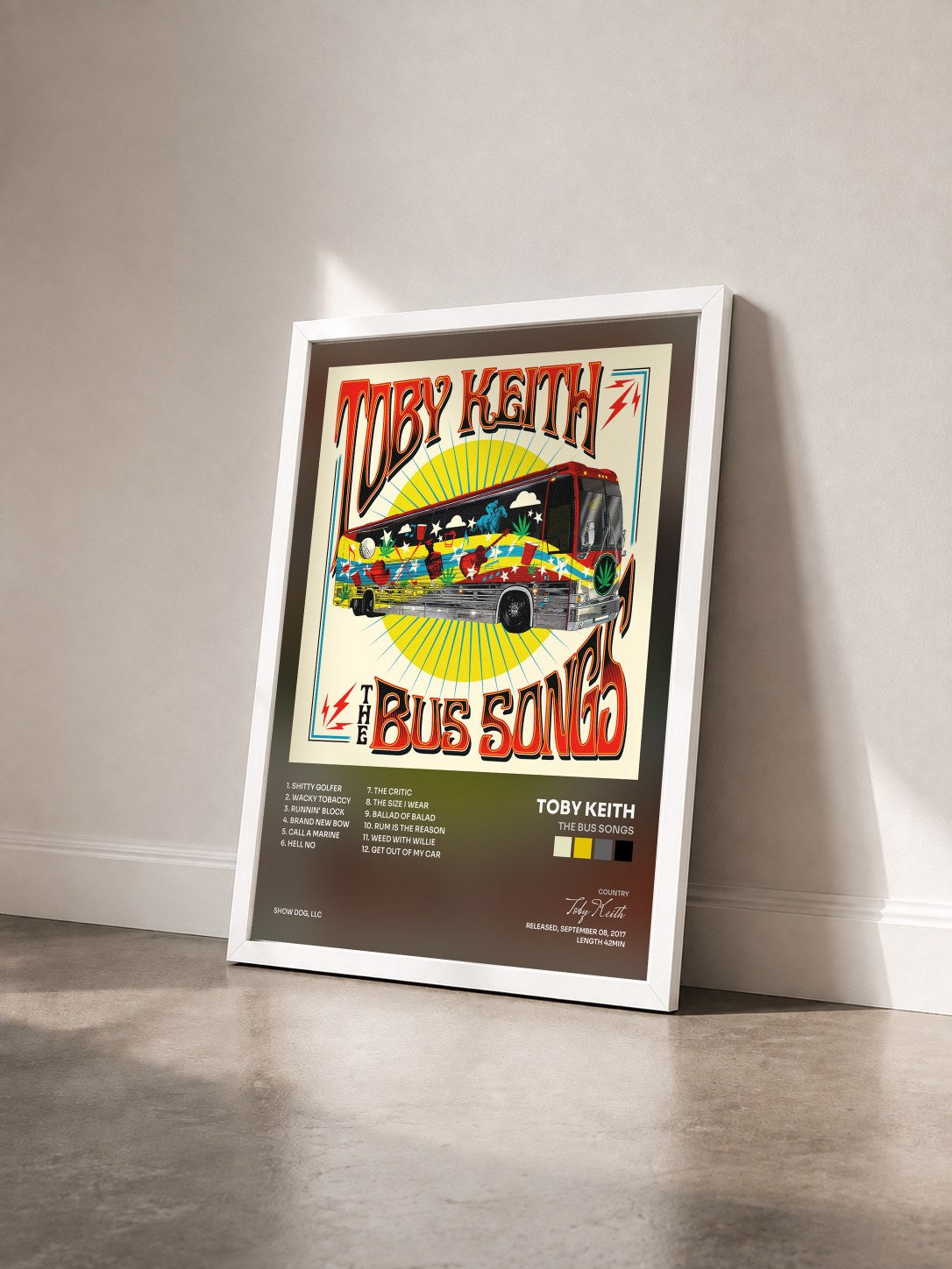 #blanc Tableau de l'album The Bus Songs de Toby Keith vu de trois quarts, cadre blanc