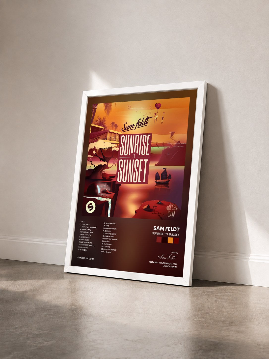 #blanc Tableau de l'album Sunrise To Sunset de Sam Feldt vu de trois quarts, cadre blanc