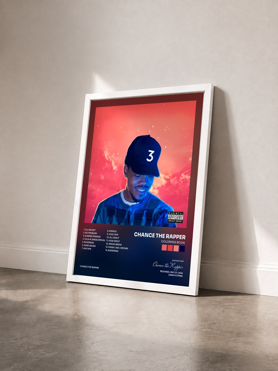 #blanc Tableau de l'album Coloring Book de Chance the Rapper vu de trois quarts, cadre blanc