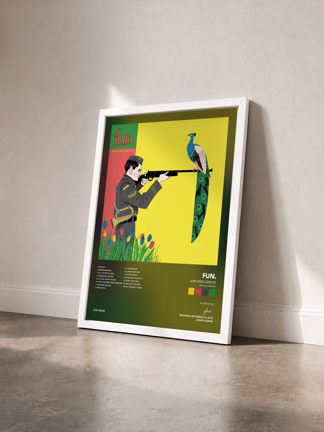 #blanc Tableau de l'album Aim and Ignite (Deluxe Version) de fun. vu de trois quarts, cadre blanc