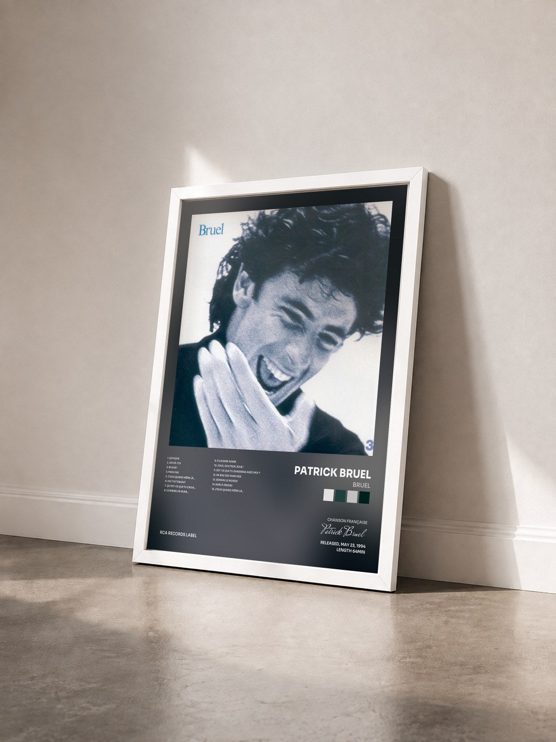 #blanc Tableau de l'album Bruel de Patrick Bruel vu de trois quarts, cadre blanc