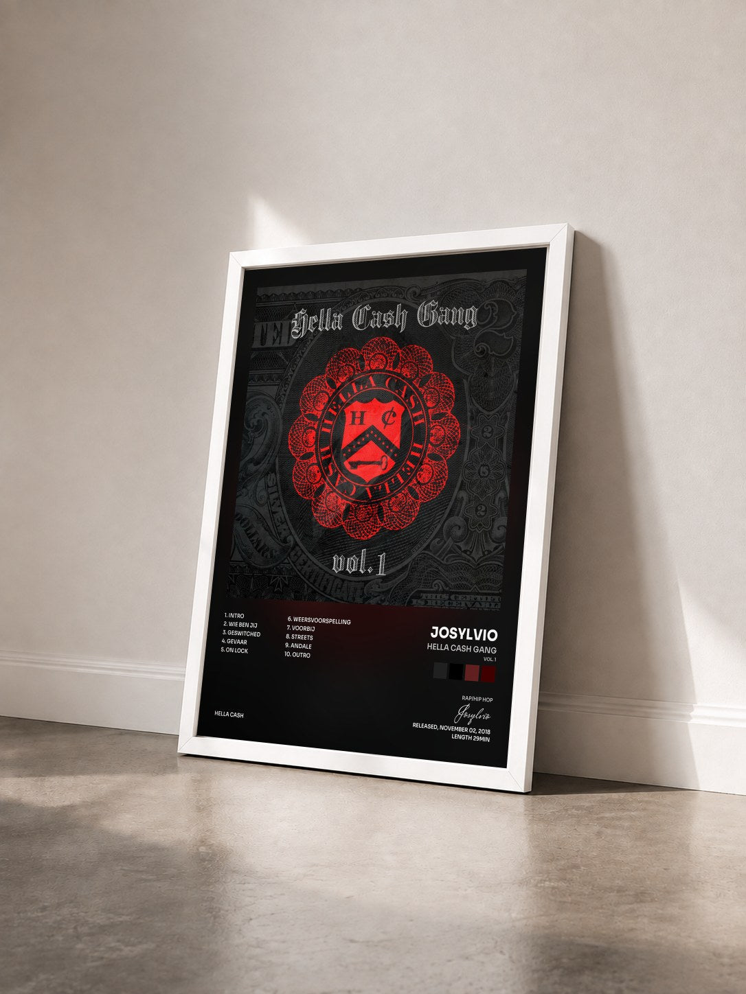 #blanc Tableau de l'album Hella Cash Gang (Vol. 1) de Josylvio vu de trois quarts, cadre blanc