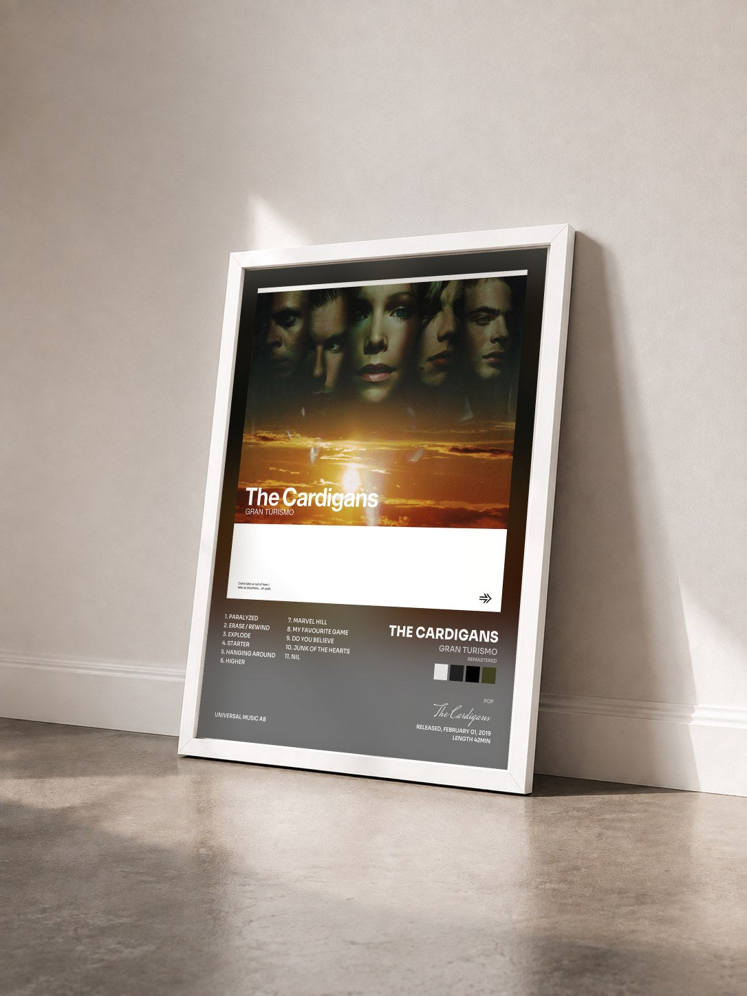 #blanc Tableau de l'album Gran Turismo (Remastered) de The Cardigans vu de trois quarts, cadre blanc