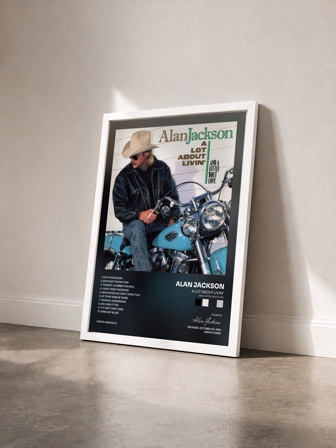 #blanc Tableau de l'album A Lot About Livin' (And A Little 'Bout Love) de Alan Jackson vu de trois quarts, cadre blanc