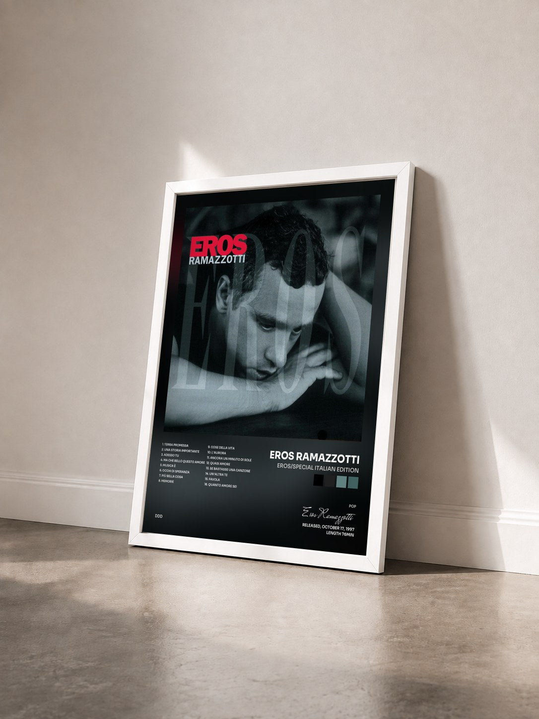 #blanc Tableau de l'album Eros/Special Italian Edition de Eros Ramazzotti vu de trois quarts, cadre blanc