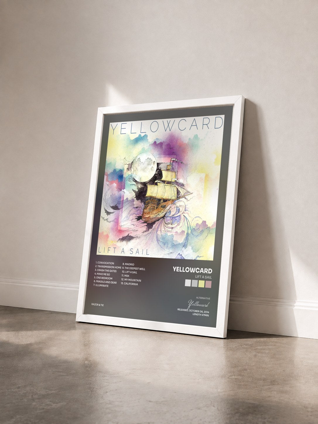 #blanc Tableau de l'album Lift A Sail de Yellowcard vu de trois quarts, cadre blanc